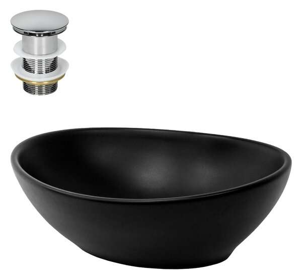 Lavabo LuxeBath Lavabo da appoggio ovale, 41x33,5x14,5 cm, nero opaco, in Vetroceramica, incl. set di scarico senza troppopieno