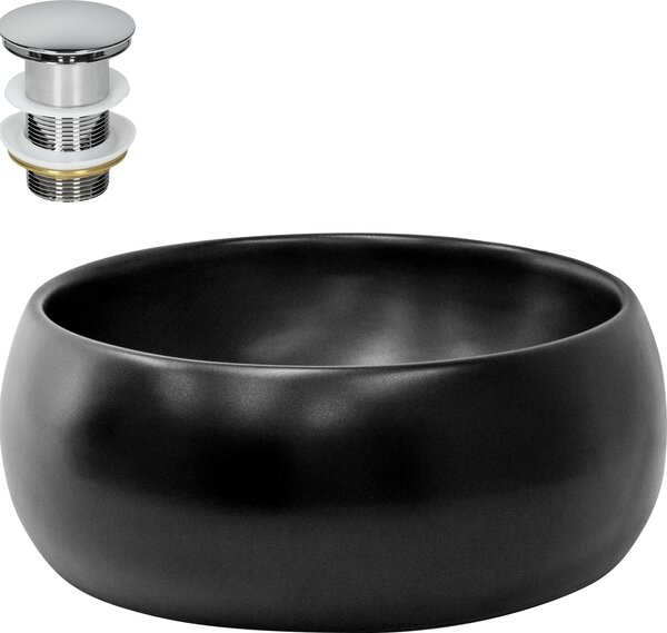 Lavabo LuxeBath Lavabo da appoggio rotondo, Ø 40x15,5 cm, nero, in Vetroceramica, incl. set di scarico senza troppopieno