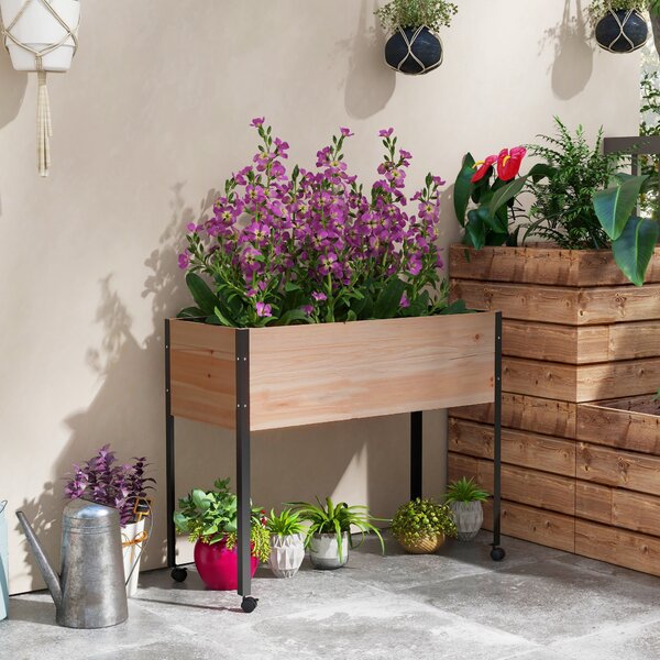 Fioriera da Giardino con Fori di Drenaggio e 4 Ruote 99x42x81 cm in Legno di Abete e Acciaio Naturale