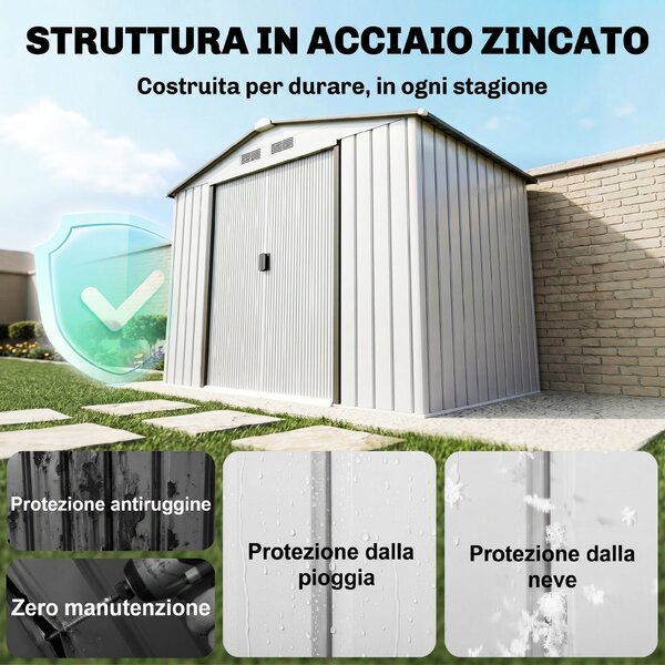 Outsunny Casetta Porta Utensili in Acciaio, Capanno da Giardino con Porte Scorrevoli, 213x130x185 cm, Bianco|Aosom