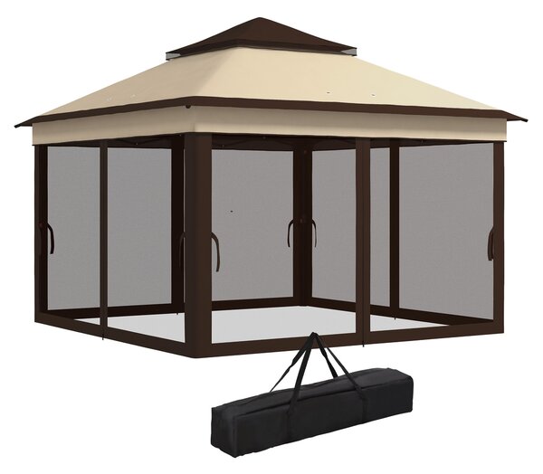 Gazebo Regolabile su 3 Livelli con Pareti Rimovibili 3x3m in Acciaio e tessuto Oxford Caffè e Beige