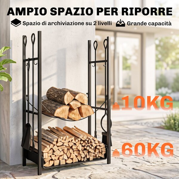 Outsunny Portalegna per Camino da Interno ed Esterno in Metallo con Paletta, Scopa, Attizzatoio e Pinza,44.5x29.5x73cm, Nero | Aosom Italy