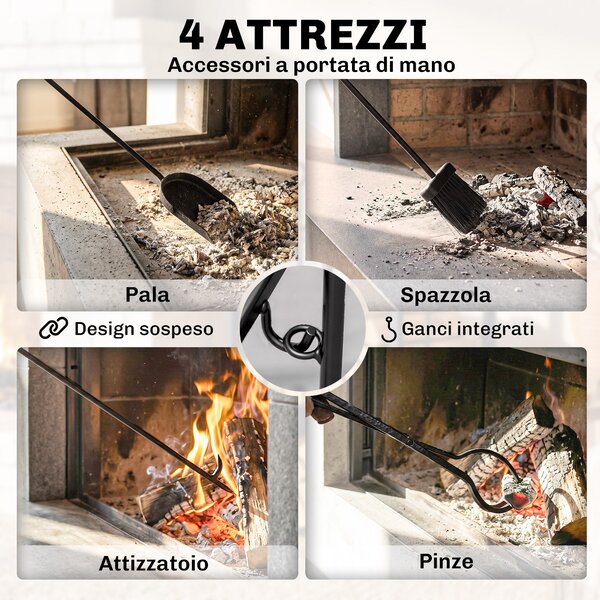 Outsunny Portalegna per Camino da Interno ed Esterno in Metallo con Paletta, Scopa, Attizzatoio e Pinza,44.5x29.5x73cm, Nero | Aosom Italy