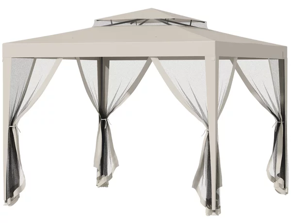 Gazebo da Giardino con Zanzariera Doppio Tetto 3x3m Telaio in Metallo Beige