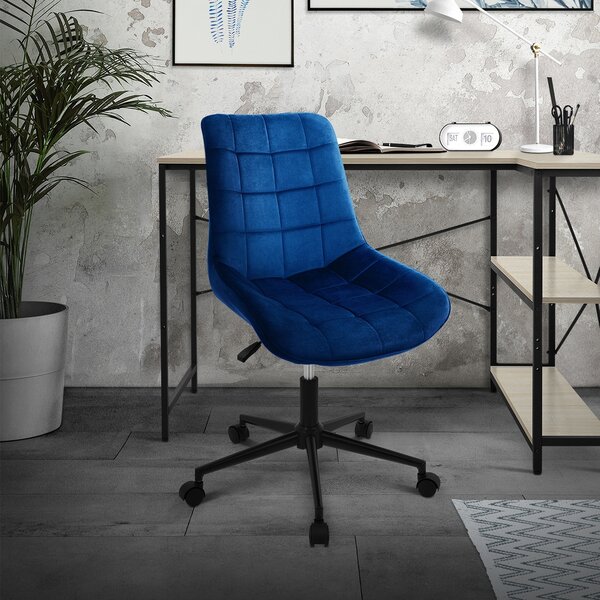 Sedia da ufficio ML-Design blu in velluto con struttura in metallo; sedia imbottita con schienale regolabile in altezza e rotante a 360°, ergonomica, per l'home office o l'ufficio
