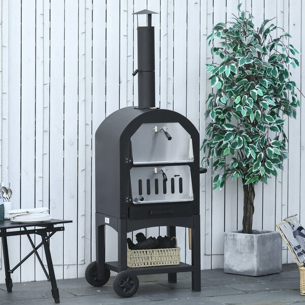 Forno per Pizza e Barbecue a Carbone Portatile con Camino e Ruote in Acciaio Nero