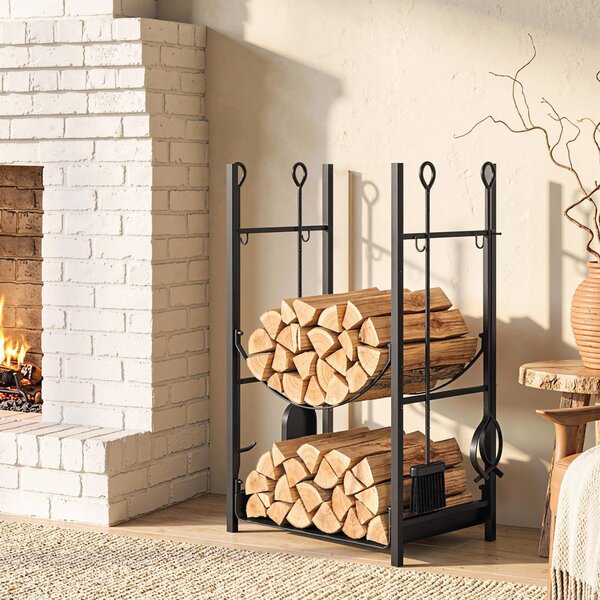 Outsunny Portalegna per Camino da Interno ed Esterno in Metallo con Paletta, Scopa, Attizzatoio e Pinza,44.5x29.5x73cm, Nero | Aosom Italy