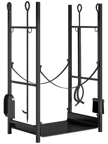 Outsunny Portalegna per Camino da Interno ed Esterno in Metallo con Paletta, Scopa, Attizzatoio e Pinza,44.5x29.5x73cm, Nero | Aosom Italy