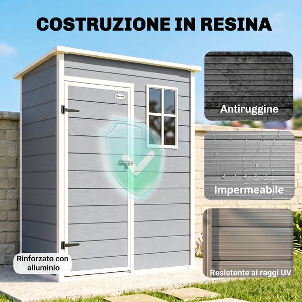 Outsunny Casetta da Giardino con Porta Bloccabile, Finestra e Presa d'Aria, capanno Porta Attrezzi, 151 x 92 x 193 cm, Grigio | Aososm Italy