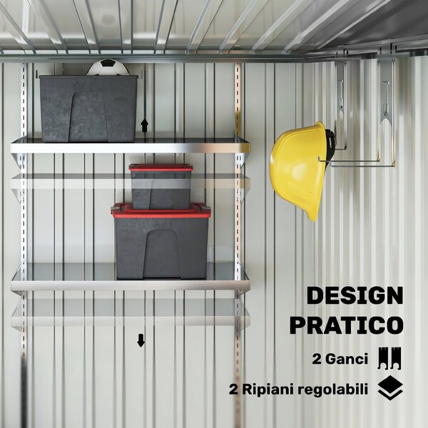 Outsunny Casetta da Giardino in Acciaio con 2 Porte Scorrevoli, 4 Prese d'Aria, 213x130x185cm, Grigio Scuro|Aosom