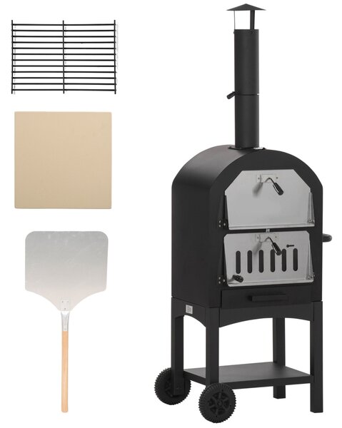 Forno per Pizza e Barbecue a Carbone Portatile con Camino e Ruote in Acciaio Nero
