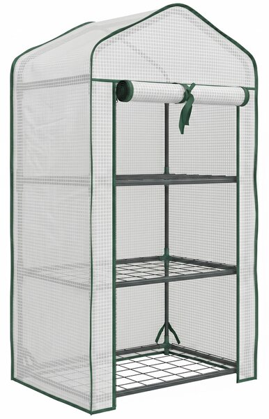 Outsunny Mini Serra da Giardino con Copertura in PE, 3 Ripiani e Porta Avvolgibile, 59x39x127cm, Bianco|Aosom
