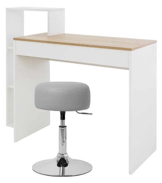 ML-Design scrivania con sgabello, bianco/rovere di Sonoma, scrivania per computer con ripiano, sgabello imbottito grigio chiaro, Ø33cm girevole e regolabile in altezza