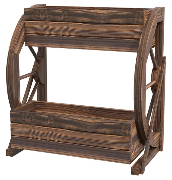 Fioriera da Esterno a 2 Livelli con 3 Vasi e Ruote di Carro Stile Country 55x32x56 cm in Legno Carbonizzato