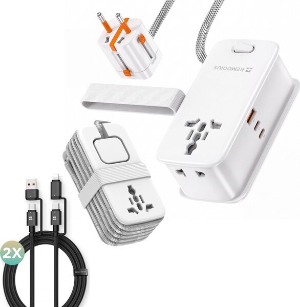 Ciabatta multipresa da viaggio Remodius, compatibile con oltre 200 paesi, con 3 prese, 3 porte USB, inclusi 2 cavi universali 4-in-1