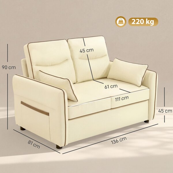 HOMCOM Divano 2 Posti in Finta Pelle con Imbottitura Spessa, Tasca Laterale e 2 Cuscini, 136x81x90 cm, Beige | Aosom Italy