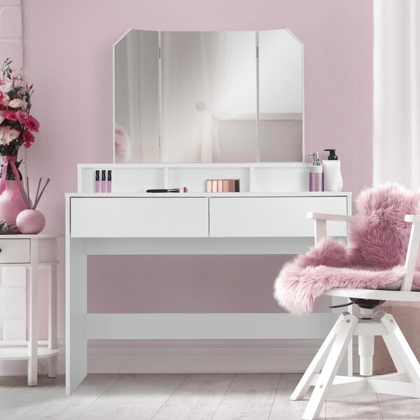 ML-Design tavolo da toilette bianco, tavolo da toilette con specchio pieghevole a 3 elementi e 2 cassetti, 100x40x140 cm, tavolo cosmetico con 3 scomparti aperti