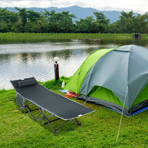 Lettino da Campeggio Pieghevole e Imbottito con Tasca Portaoggetti 188x64,5x53 cm Grigio