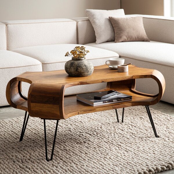 WOHNLING tavolino 100x60x47 cm sheesham legno massiccio metallo tavolo divano tavolo soggiorno rettangolare con spazio di archiviazione tavolo da caffè solido grande tavolo