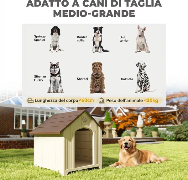 PawHut Cuccia per Cani Rialzata con Tetto Inclinato e Prese d'Aria, in PP, 88x78x89 cm, Beige e Marrone Scuro | Aosom Italy