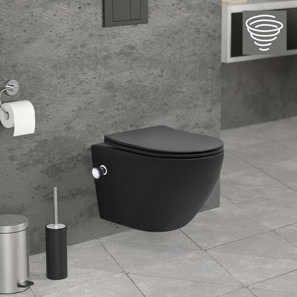 LuxeBath WC sospeso senza bordo con funzione bidet, nero, corto, scarico Tornado