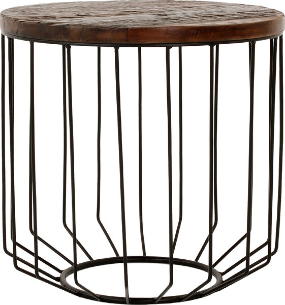 Tavolino in legno massiccio WOMO-DESIGN rotondo Ø 50x50 cm, naturale, unico, fatto a mano con legno di recupero, struttura in metallo, cestino in metallo, nero