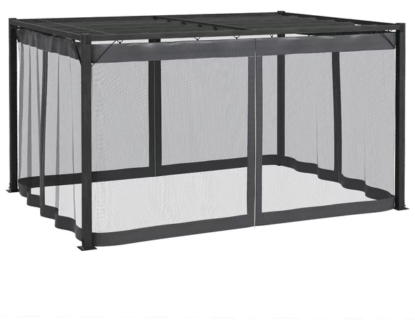 Pergola da Giardino con Tetto Retrattile e Tende 397x297x225 cm in Alluminio e Poliestere Grigio Scuro