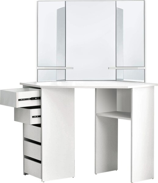 ML-Design tavolo da toilette bianco, tavolo da toilette con 3 specchi, 5 cassetti e 3 vani portaoggetti, 110x141,5x54 cm, tavolo cosmetico in legno MDF