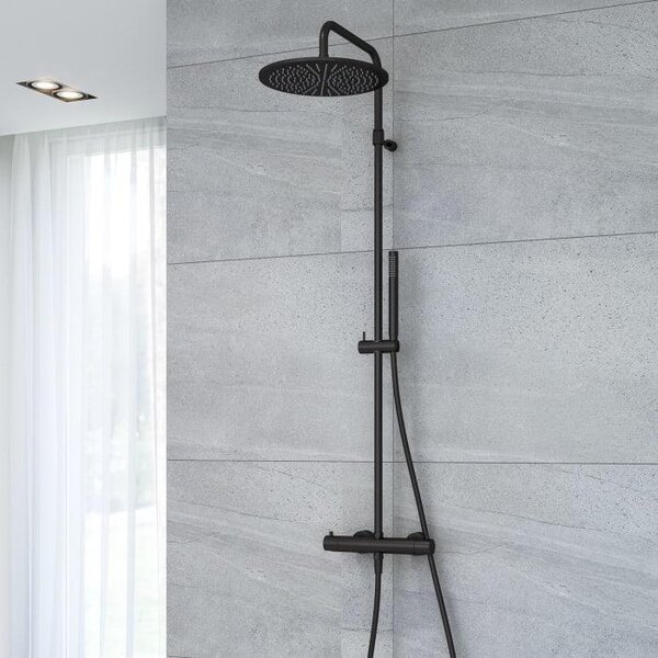 Sistema doccia Kronenbach Lima 2.0 nero con termostato, soffione di diametro 30 cm