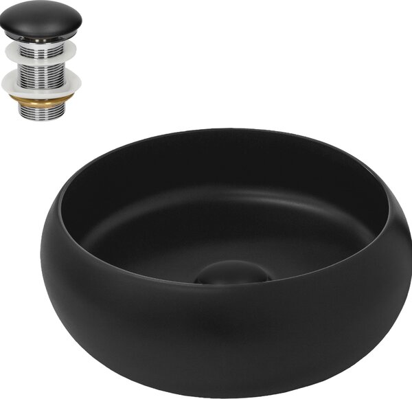 Lavabo LuxeBath Lavabo da appoggio rotondo, Ø 35x12 cm, nero opaco, in Vetroceramica, incl. set di scarico senza troppopieno