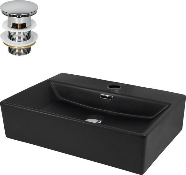 Lavabo LuxeBath Lavabo da appoggio Square, 51,5x36x13 cm, nero, in Vetroceramica, incl. set di scarico con troppopieno