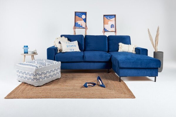 Divano letto angolare in velluto blu navy, angolo destro Lofty Lilly - Miuform