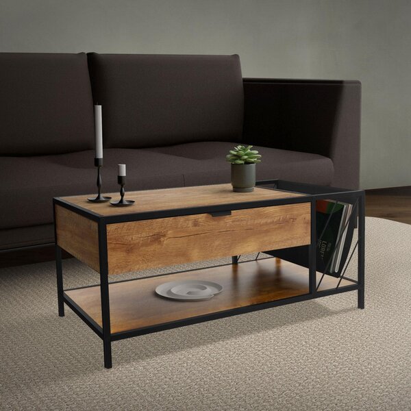 ML-Design tavolino con scomparto per riviste, marrone in rovere rustico, tavolino con struttura in acciaio e 2 ripiani