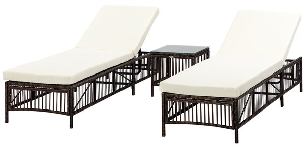Set 2 Lettini Prendisole con Cuscini Imbottiti e Tavolino in Rattan PE Marrone e Beige