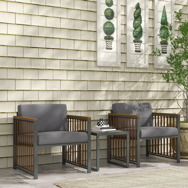 Set Tavolino e 2 Sedie da Giardino in Acciaio e Rattan Grigio