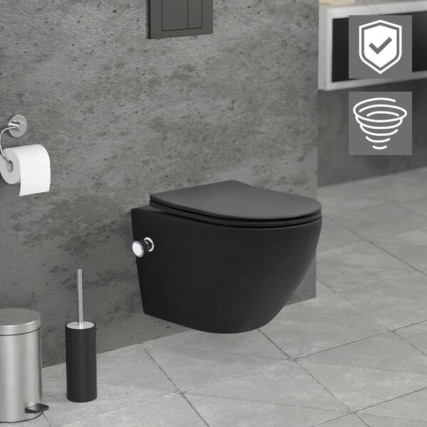 LuxeBath WC sospeso senza bordo con funzione bidet, nero, corto, a filo tornado, con nano rivestimento