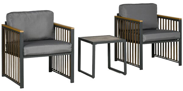 Set Tavolino e 2 Sedie da Giardino in Acciaio e Rattan Grigio