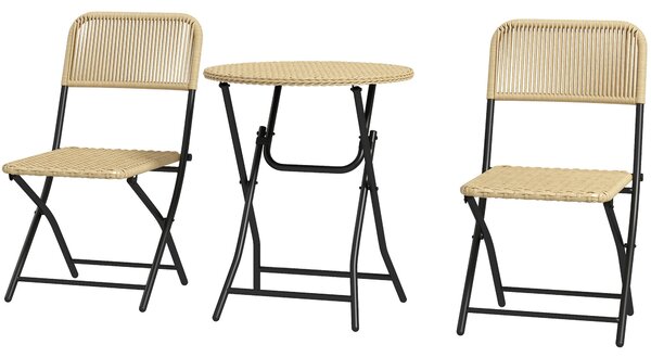 Set Tavolino e 2 Sedie Pieghevoli da Giardino in Acciaio e Rattan Giallo e Nero