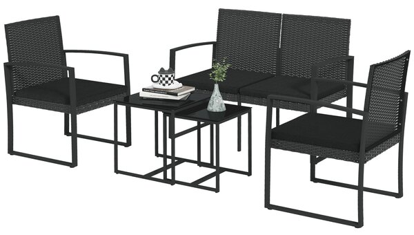 Set da Giardino Divano 2 Poltrone e 2 Tavolini Piano in Vetro Nero