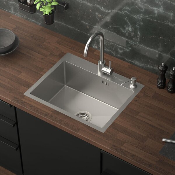 Lavello da cucina ML-Design con scarico a scomparsa e dispenser di sapone, argento, in acciaio inox