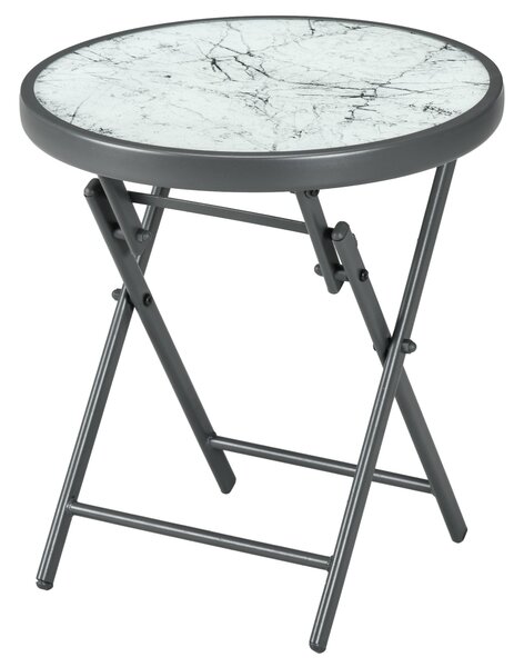 Tavolino da Caffè per Giardino Pieghevole Ø45x50 cm Piano in Vetro Effetto Marmo Grigio