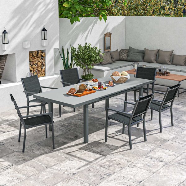 Set Tavolo Allungabile e 6 Sedie Pieghevoli da Giardino in Alluminio Grigio e Nero