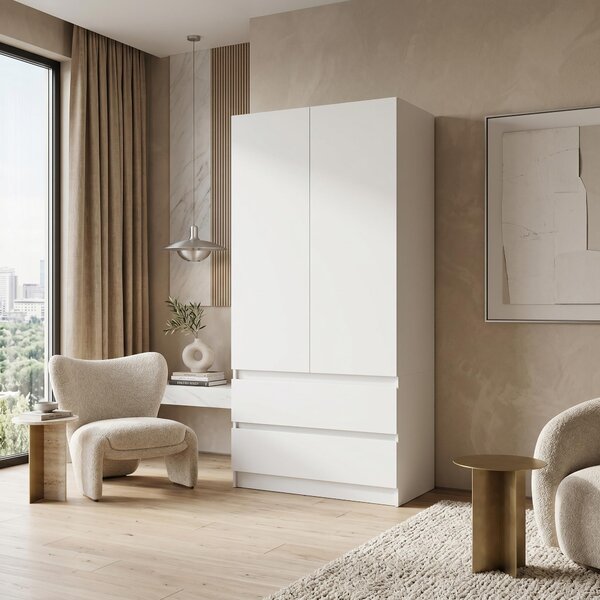 Armadio Novela, bianco a 2 ante | Armadio moderno per camera da letto 90 x 180 x 50 cm | Armadio per ingresso e camera dei bambini, capiente