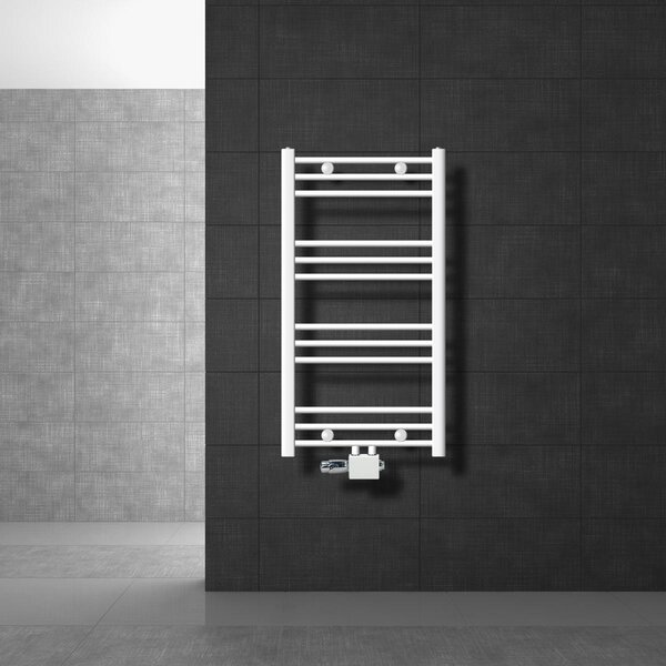 LuxeBath Radiatore da bagno attacco centrale 500 x 800 mm Bianco diritto con termostato e set di collegamento Angolo universale e diritto passante, senza elemento riscaldante