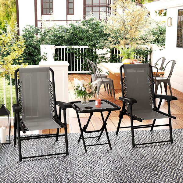 Outsunny Set Bistro 3 pezzi in acciaio resistente alle intemperie, set di mobili da giardino con tavolo bistrot pieghevole, portabicchieri, sedie da giardino, grigio scuro | Aosom Italy