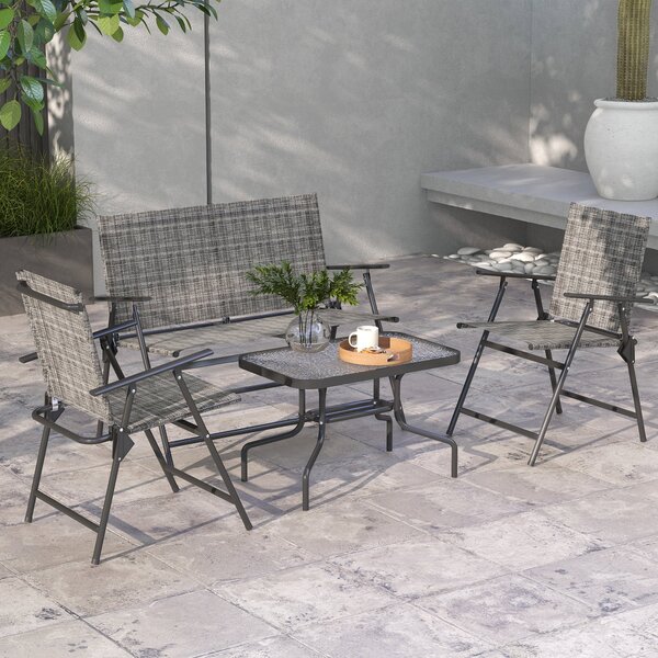 Set da Giardino Divano 2 Poltrone Pieghevoli e Tavolino Piano in Vetro Grigio