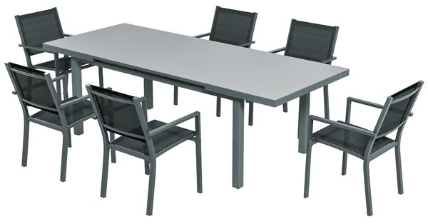 Set Tavolo Allungabile e 6 Sedie Pieghevoli da Giardino in Alluminio Grigio e Nero