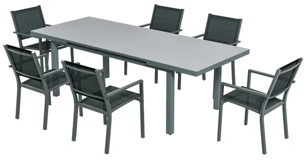 Set Tavolo Allungabile e 6 Sedie Pieghevoli da Giardino in Alluminio Grigio e Nero