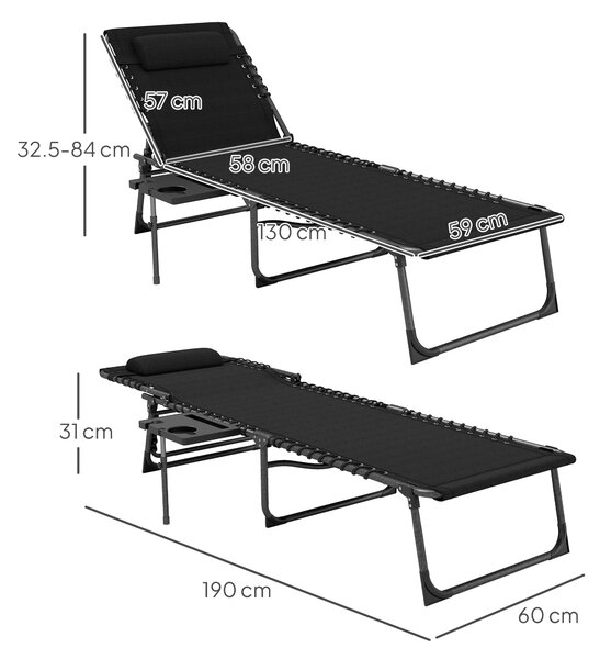 Outsunny Sdraio Pieghevole con Schienale Regolabile Poggiatesta Tasca Laterale Vassoio e Struttura in Acciaio 190x60x31 cm Nero | Aosom Italy