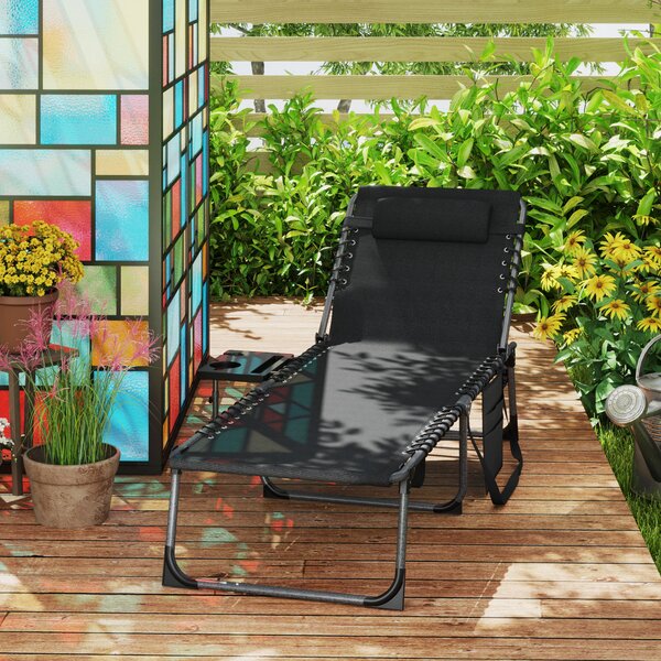 Outsunny Sdraio Pieghevole con Schienale Regolabile Poggiatesta Tasca Laterale Vassoio e Struttura in Acciaio 190x60x31 cm Nero | Aosom Italy